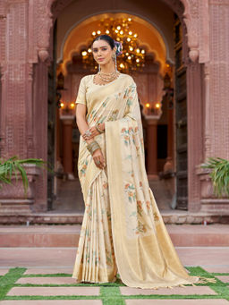 Elora - Ivory Soft Silk Floral Pashmina Work Saree with Unstitched Blouse