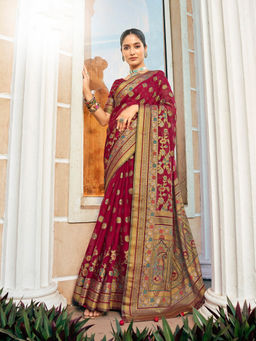 Elora - Poly Viscose Georgette Meenakari Jaal Banarasi Saree(Maroon)