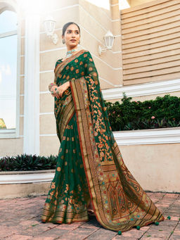 Elora - Poly Viscose Georgette Meenakari Jaal Banarasi Saree(Dark Green)