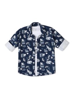 CAVIO - Navy Blue Cotton Printed Shirt and T-Shirt