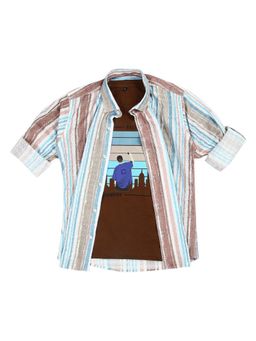 CAVIO - Brown Blended Fabric Stripes Shirt and T-Shirt