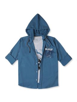 CAVIO - Blue Cotton Hooded Full Sleeves Printed Shirt and T-Shirt