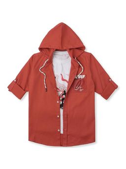 CAVIO - Orange Cotton Hooded Full Sleeves Printed Shirt and T-Shirt