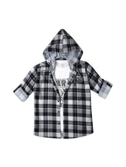 CAVIO - Grey Cotton Full Sleeves Checks Hooded Shirt with T-Shirt