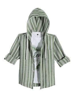 CAVIO - Green Cotton Stripes Hooded Full Sleeve Shirt and T-Shirt