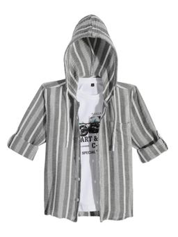 CAVIO - Grey Cotton Stripes Hooded Full Sleeve Shirt and T-Shirt