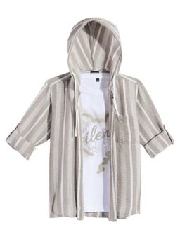 CAVIO - Khaki Cotton Stripes Hooded Full Sleeve Shirt and T-Shirt