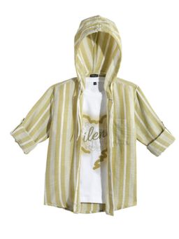 CAVIO - Beige Cotton Stripes Hooded Full Sleeve Shirt and T-Shirt