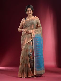 CHARUKRITI - Grey with Zari Floral Design and Temple Border Saree with Unstitched Blouse