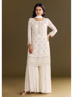 KALKI FASHION - White Kurta with Sharara and Moti Work Dupatta (Set of 3)