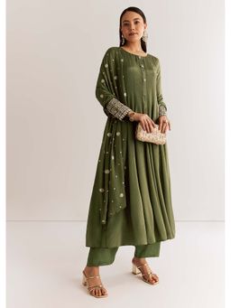 KALKI FASHION - Mehendi Green Zardozi Kurta with Pant and Dupatta (Set of 3)