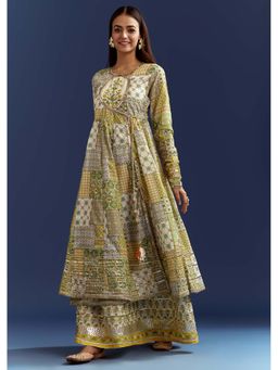 KALKI FASHION - Green Gota Lace Floral Kurta with Angrakha Jacket (Set of 2)