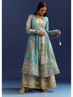 KALKI FASHION - Blue Gota Lace Floral Kurta with Angrakha Jacket (Set of 2)