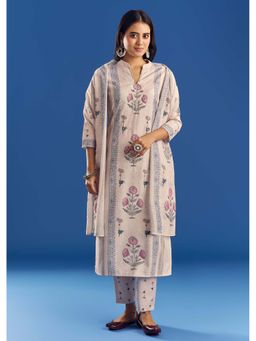 KALKI FASHION - Light Beige Block Print Kurta with Pant and Dupatta (Set of 3)