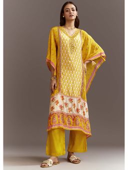 KALKI FASHION - Yellow Printed Crepe Kaftan Kurta with Pant (Set of 2)