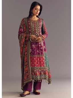 KALKI FASHION - Purple Floral Kurta with Pant and Gota Lace Dupatta (Set of 3)