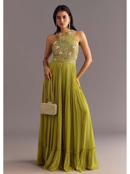 KALKI FASHION - Citrus Green Georgette Jumpsuit with Embroidered Belt (Set of 2)