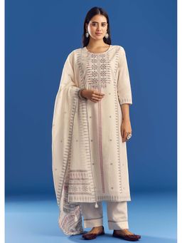 KALKI FASHION - Ivory Thread Weave Mul Kurta with Pant and Dupatta (Set of 3)