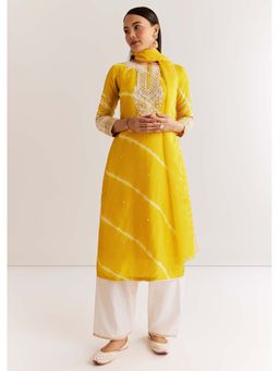 KALKI FASHION - Yellow Silk Leheriya Kurta with Pant and Dupatta (Set of 3)