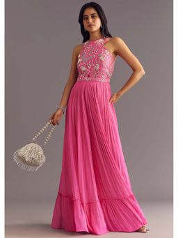 KALKI FASHION - Bright Pink Georgette Jumpsuit with Embroidered Belt (Set of 2)