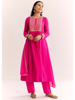 KALKI FASHION - Pink Zari Anarkali Kurta with Pant and Dupatta (Set of 3)