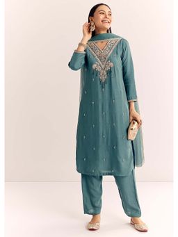 KALKI FASHION - Teal Zardozi Work Kurta with Pant and Dupatta (Set of 3)