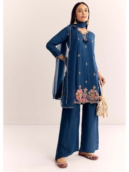 KALKI FASHION - Blue Zardozi Work Kurta with Palazzo and Dupatta (Set of 3)