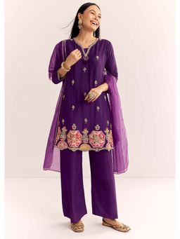 KALKI FASHION - Purple Zardozi Work Kurta with Palazzo and Dupatta (Set of 3)