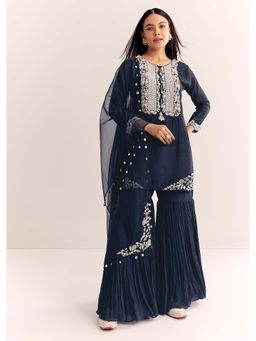 KALKI FASHION - Navy Blue Moti Thread Work Kurta with Sharara and Dupatta (Set of 3)