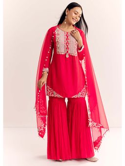 KALKI FASHION - Red Moti Thread Work Kurta with Sharara and Dupatta (Set of 3)