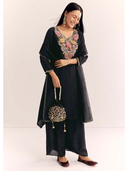 KALKI FASHION - Black Zardozi Work Kurta with Palazzo and Dupatta (Set of 3)