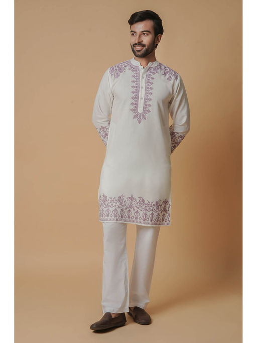 HOUSE OF KARI Cotton Arri Work White with Mauve Embroidered Kurta