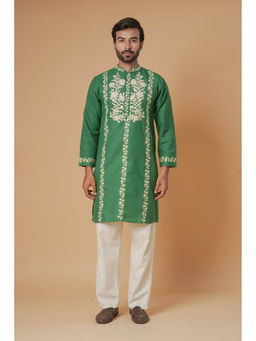 HOUSE OF KARI - Cotton Arri Work Bottle Green with Shaded Beige Embroidered Kurta