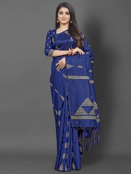 Akhilam - Women Cotton Silk Navy Blue Woven Design Designer Saree with Unstitched Blouse