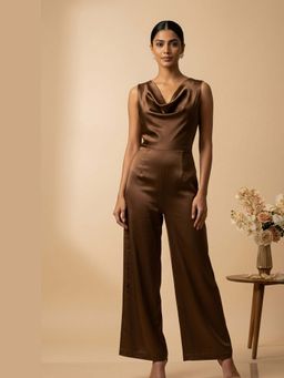 THETAA - Vesper Women Tailored Imported Brown Satin Jumpsuit