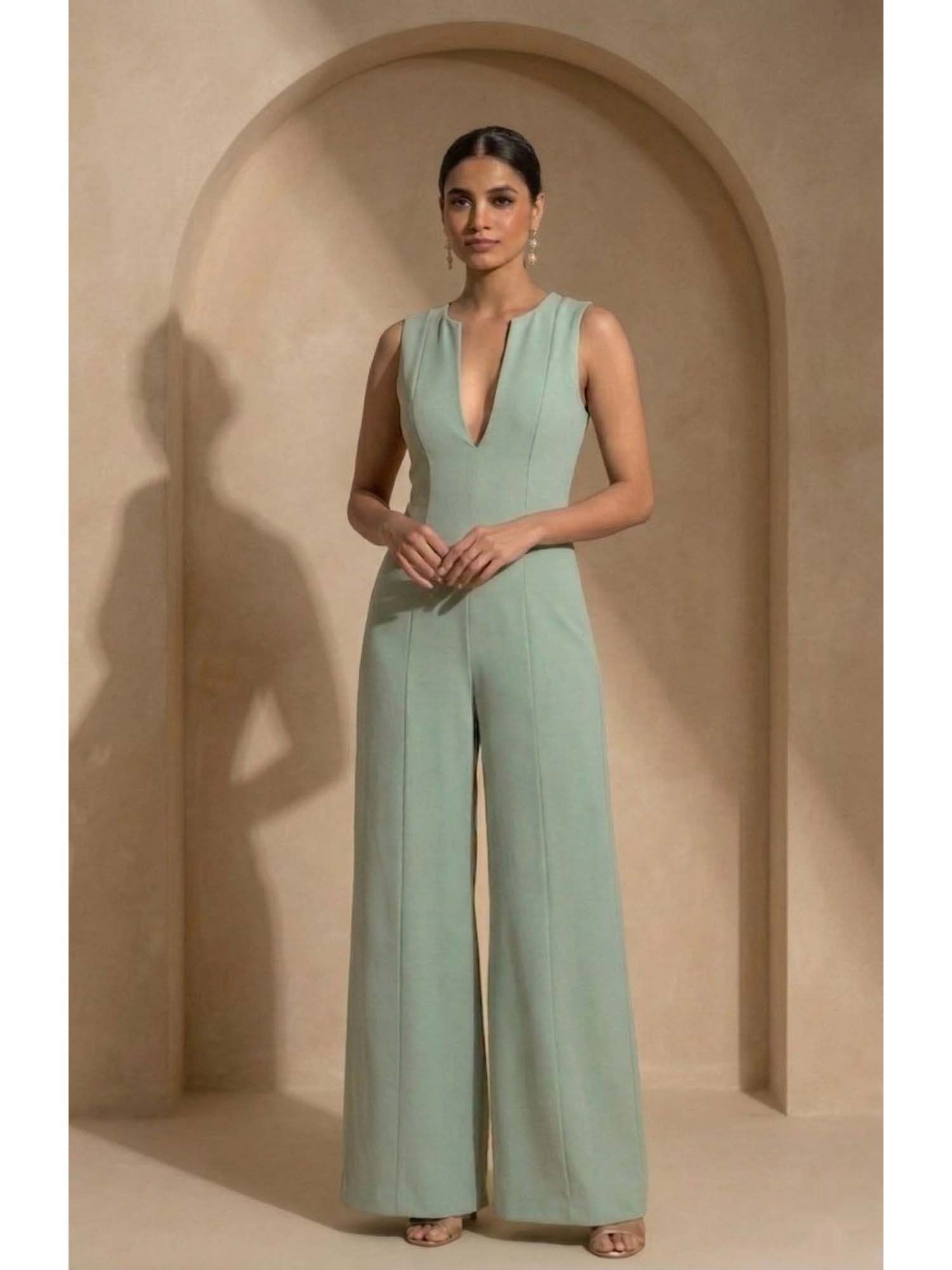 thetaa Verde Women Tailored Polyester Green Wide-Leg Jumpsuit-picture-11
