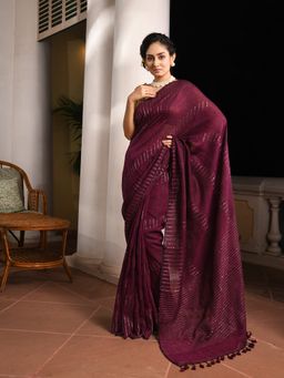Angoshobha - Wine Linen Sequin Work Handwoven Saree with Unstitched Blouse