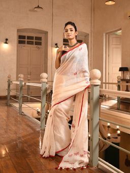 Angoshobha - White Linen All Body Flowers motive Handwoven Saree with Unstitched Blouse