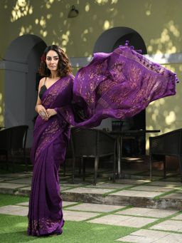Angoshobha - Purple Linen Broder with Pallu Jacquard Zari Work Handwoven Saree with Unstitched Blouse