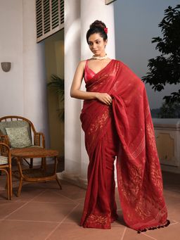 Angoshobha - Maroon Linen Broder with Pallu Jacquard Zari Work Handwoven Saree with Unstitched Blouse