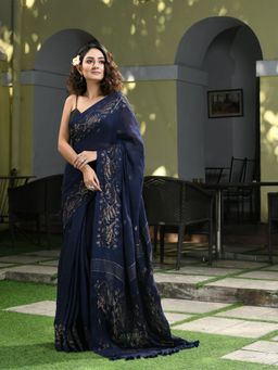 Angoshobha - Navy Blue Linen Broder with Pallu Jacquard Zari Handwoven Saree with Unstitched Blouse