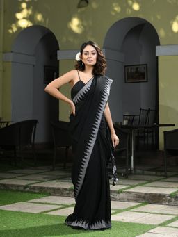 Angoshobha - Black Linen White Border with Pallu Jamdani Work Handwoven Saree with Unstitched Blouse