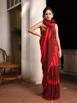 Angoshobha - Red Linen Black Colorblock Handwoven Saree with Unstitched Blouse