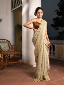 Angoshobha - Sage Green Linen Zari Pallu Handwoven Saree with Unstitched Blouse