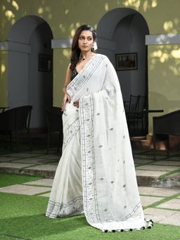 Angoshobha - White Linen Jamdani Work Handwoven Saree with Unstitched Blouse
