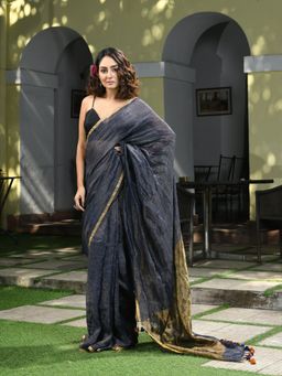 Angoshobha - Navy Blue Linen Zari Tissue Check Handwoven Saree with Unstitched Blouse