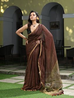 Angoshobha - Brown Linen Zari Tissue Check Handwoven Saree with Unstitched Blouse