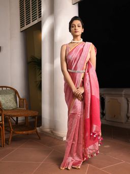 Angoshobha - Rani Pink Linen Zari Tissue Handwoven Saree with Unstitched Blouse
