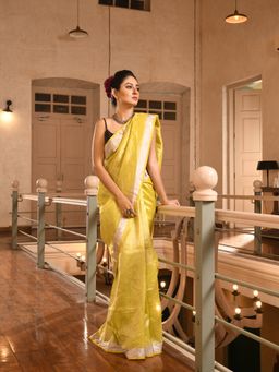 Angoshobha - Yellow Linen Zari Tissue Handwoven Saree with Unstitched Blouse