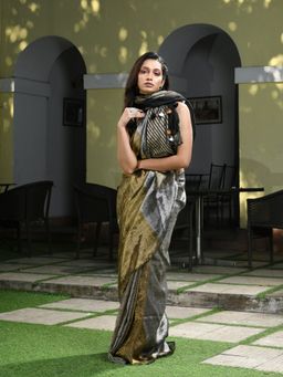 Angoshobha - Black Linen Zari Tissue Handwoven Saree with Unstitched Blouse